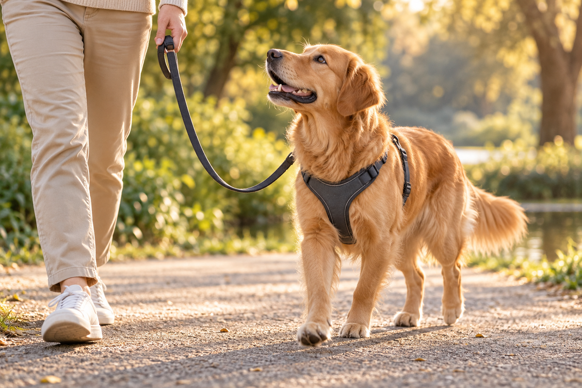 Golden retriever wearing a charcoal harness and walking beside its owner on a loose leash along a sunlit park path.