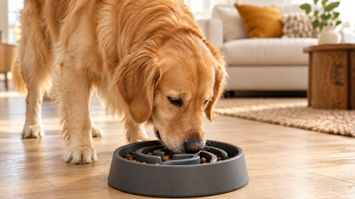 Golden retriever eating kibble from a charcoal-gray slow feeder bowl in a sunlit home.