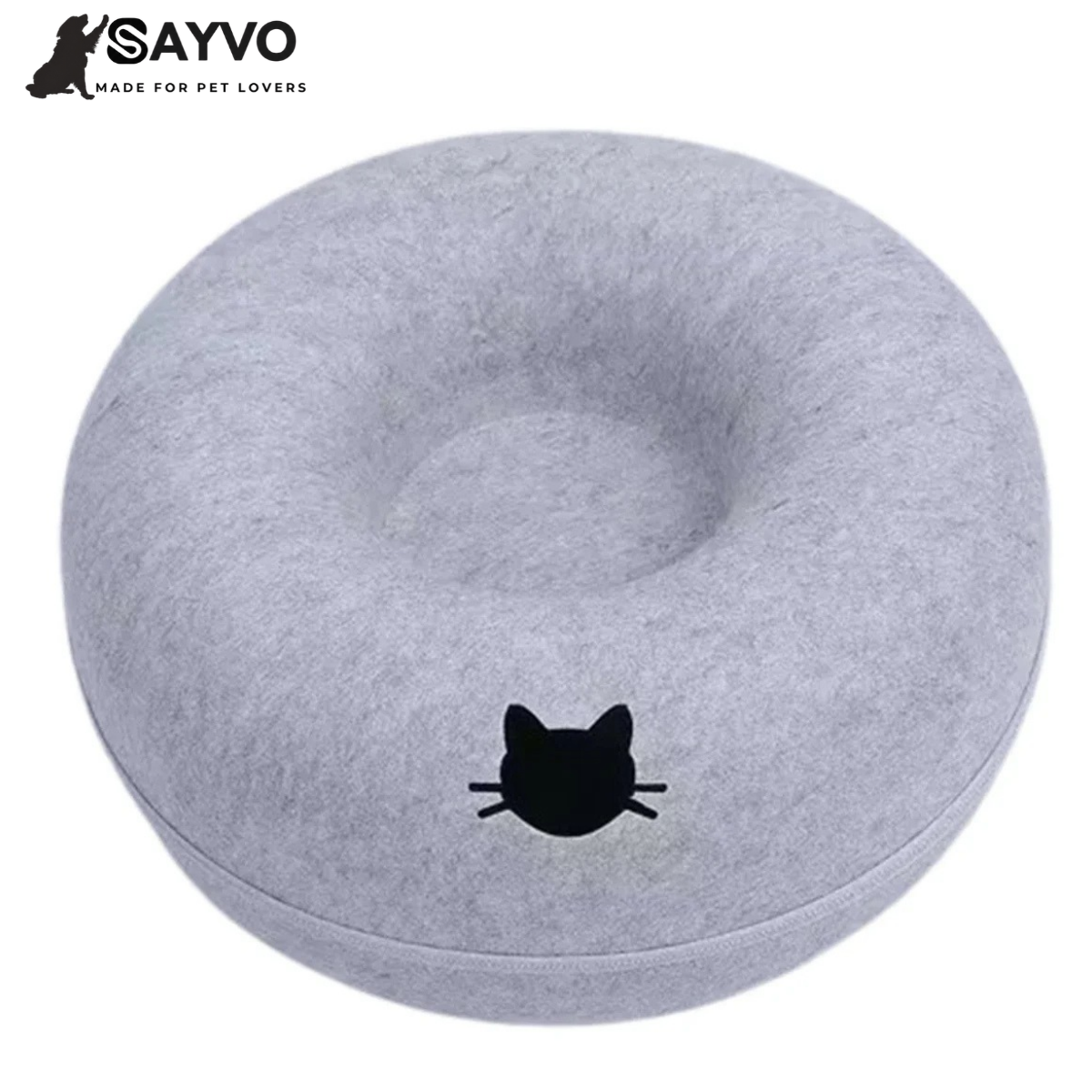 Light grey round felt cat tunnel bed with a cosy central nest and cat-shaped opening; graphic advertises 50% off and free delivery.