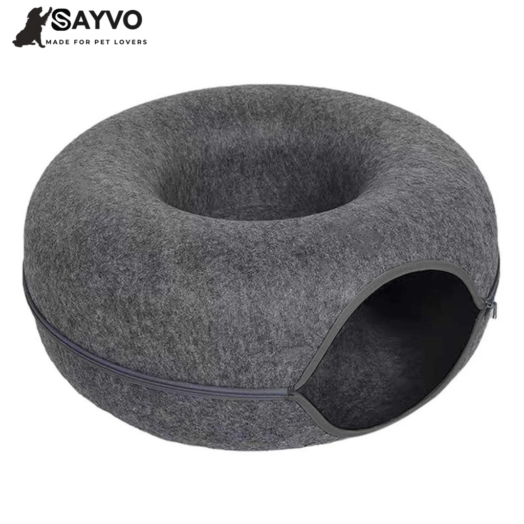 Dark grey donut-shaped felt cat tunnel bed with a circular entrance and central sleeping nest; 50% off and free delivery graphic.