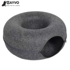 Dark grey donut-shaped felt cat tunnel bed with a circular entrance and central sleeping nest; 50% off and free delivery graphic.