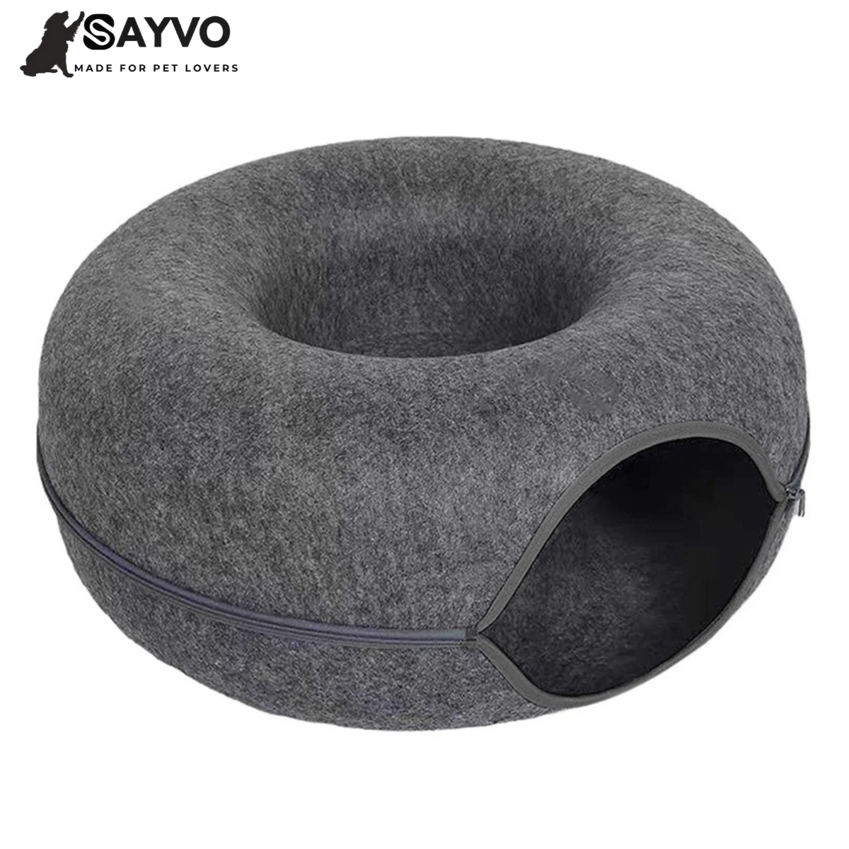 Dark grey donut-shaped felt cat tunnel bed with a circular entrance and central sleeping nest; 50% off and free delivery graphic.