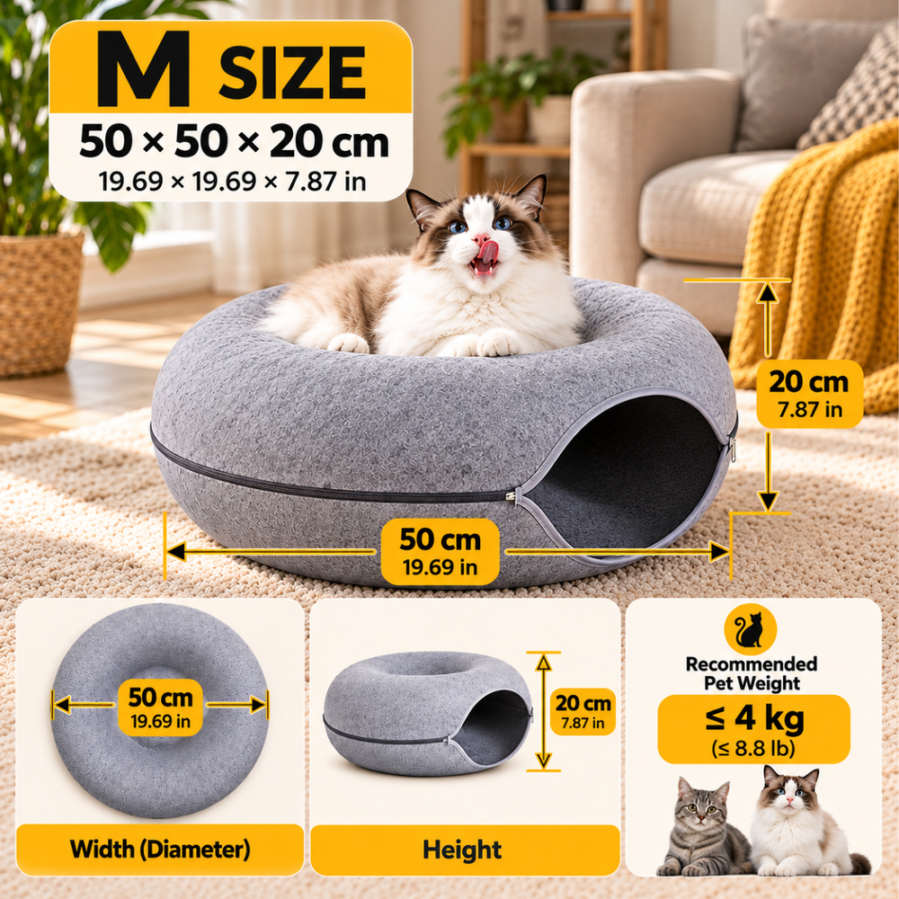 Medium round felt cat tunnel bed size guide: 50 x 50 x 20 cm (19.69 x 19.69 x 7.87 in), recommended pet weight up to 4 kg (8.8 lb).
