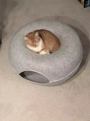 Ginger and white cat curled up in the cosy central sleeping nest of a light grey round felt cat tunnel bed.