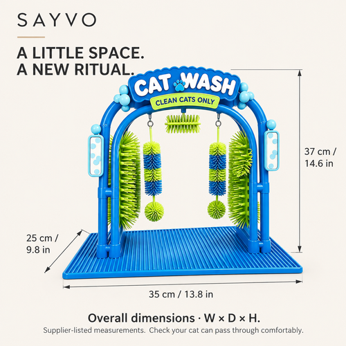 SAYVO cat grooming station external dimensions: 35 cm wide, 25 cm deep and 37 cm high; the arch opening is smaller.