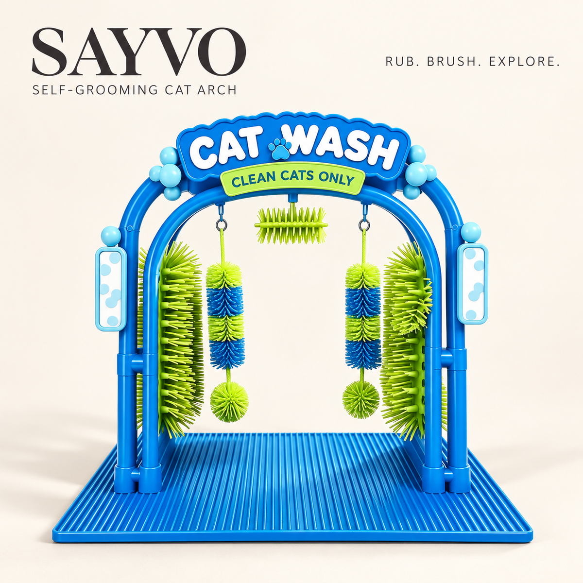 Blue SAYVO cat grooming arch with green side and overhead brushes, two hanging rollers and a textured blue base.