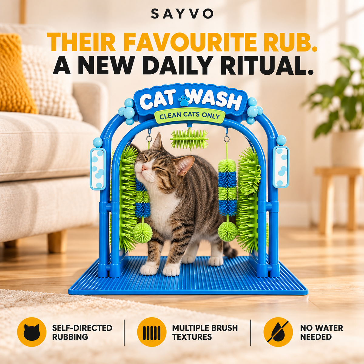 Illustrative home scene of a tabby cat rubbing its cheek against the green side brush on the blue SAYVO self-grooming arch.