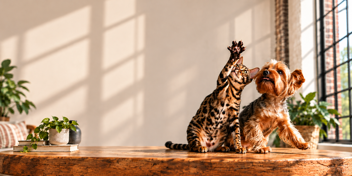 Bengal cat and Yorkshire terrier raising their paws together on a wooden table in a sunlit home.