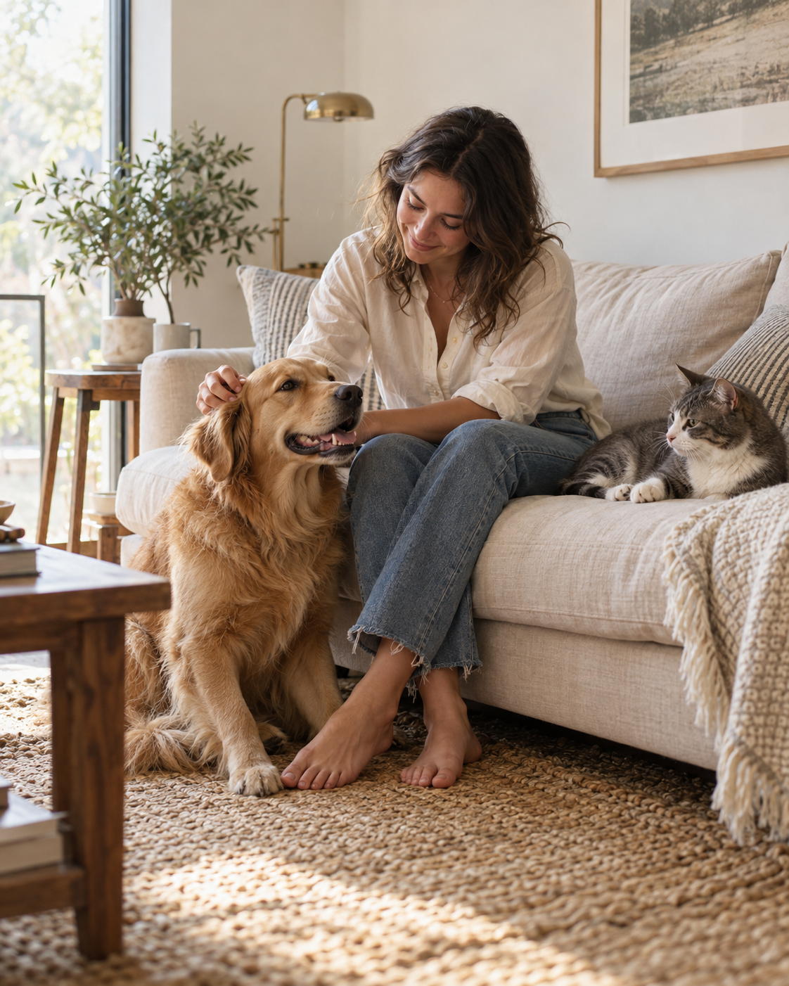 Woman petting a golden retriever beside a sofa, with a gray-and-white cat resting next to her in a sunlit living room.