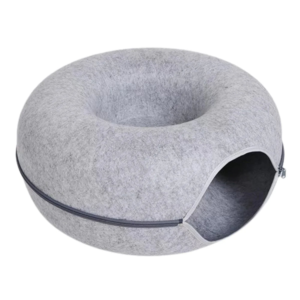 Light grey round felt cat tunnel bed with an enclosed circular tunnel, open central nest and zippered detachable sections.